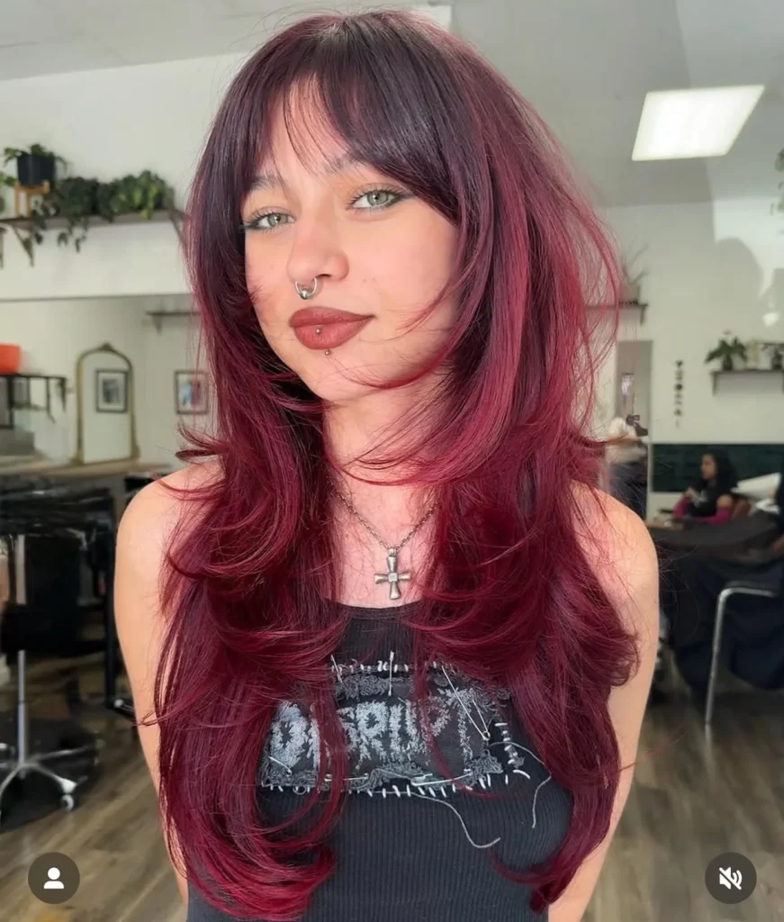  Deep Burgundy Wolf Cut with Wispy Bangs and Crimson Layers