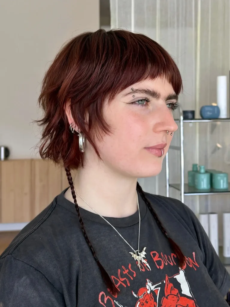 Deep Red Bixie Mullet with Micro Braids