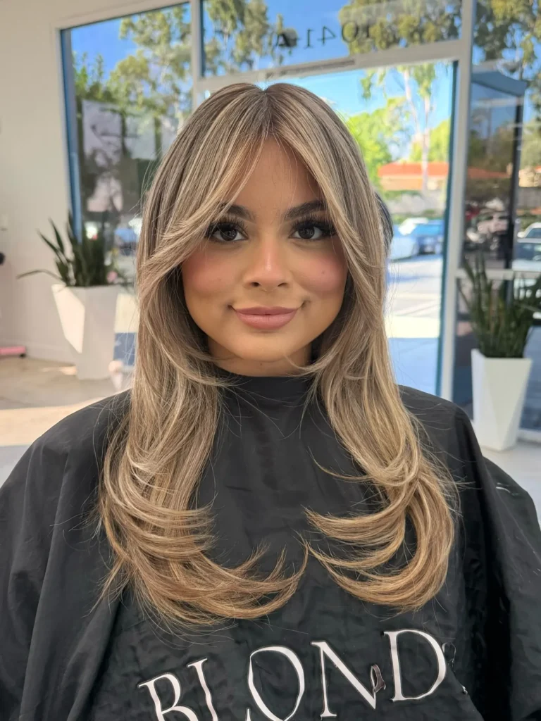  Dirty Blonde Layered Cut with Wispy Bangs and Flicked Ends