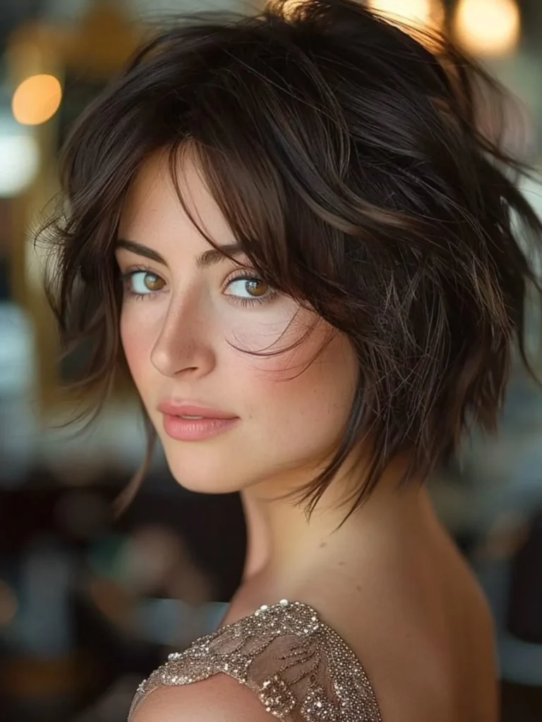 Espresso Bob Shag with Feathered Layers and Side Fringe