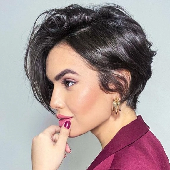 Glossy Black Wavy Pixie with Voluminous Top