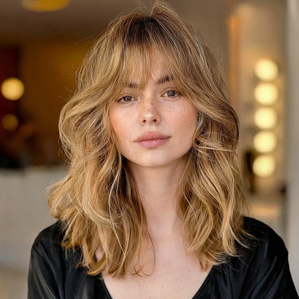 Golden Blonde Wavy Shag with Airy Fringe