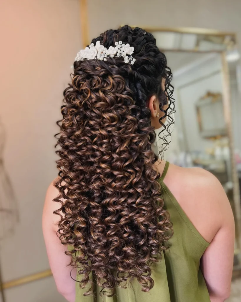Half Up Curly Bridal Style with Floral Hair Comb