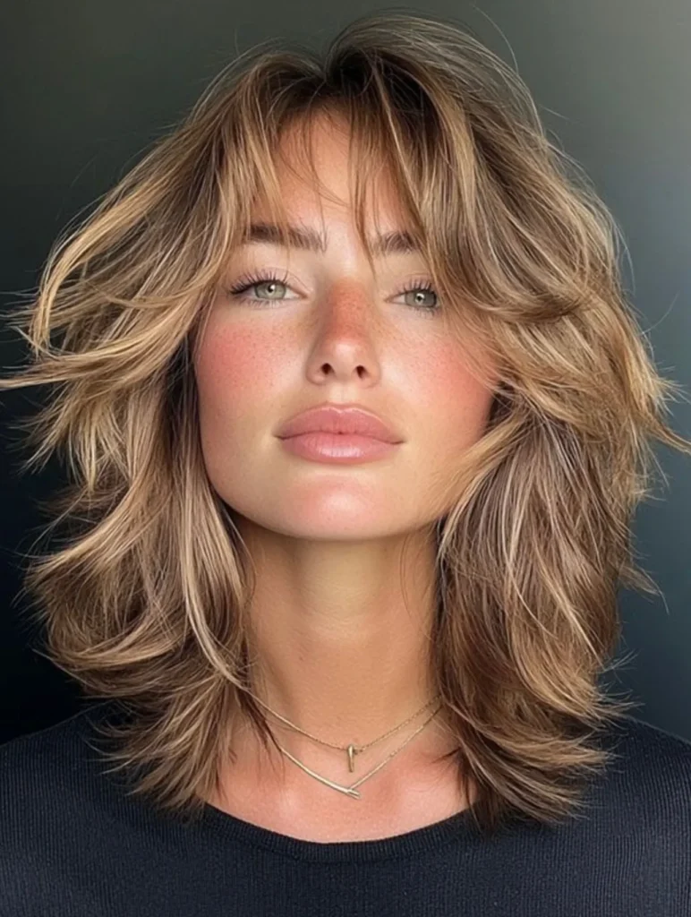 Honey Blonde Feathered Shag with Wispy Fringe