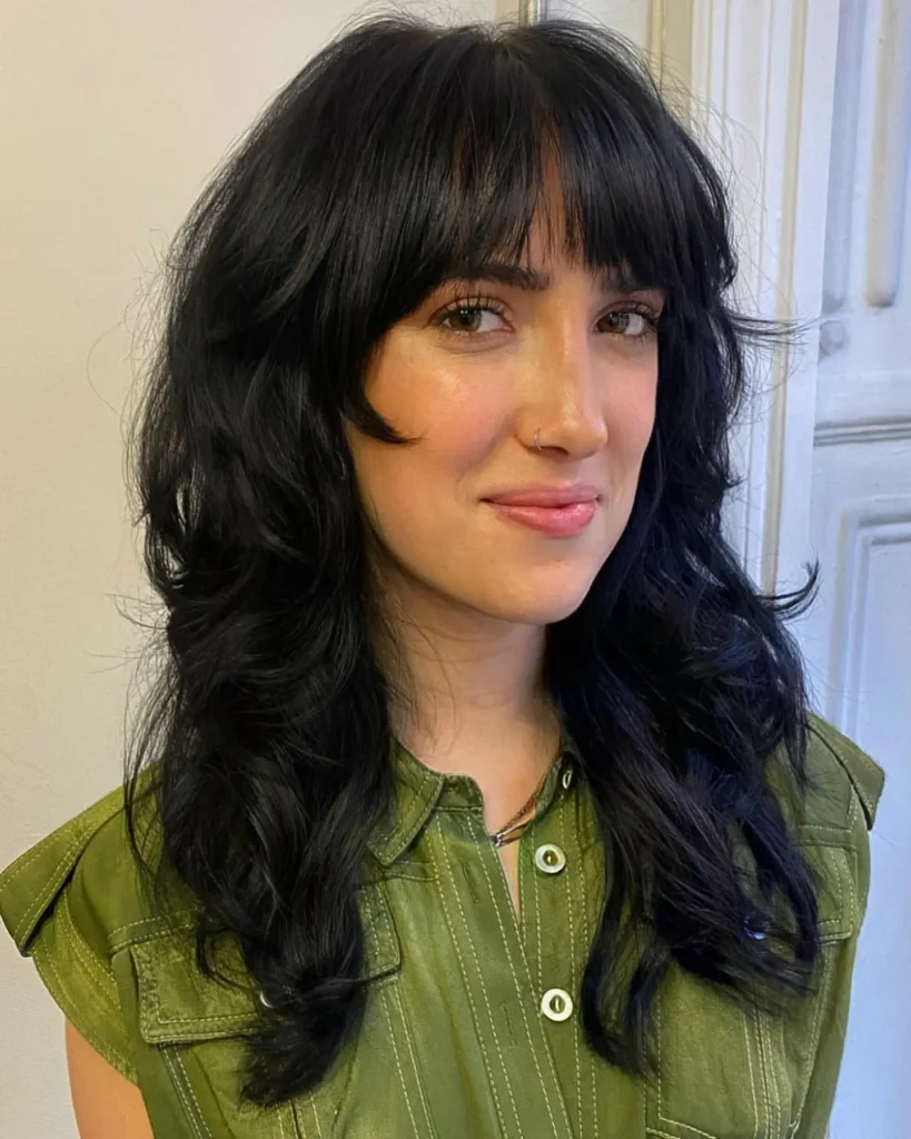 Jet Black Long Shag with Curly Ends and Textured Fringe
