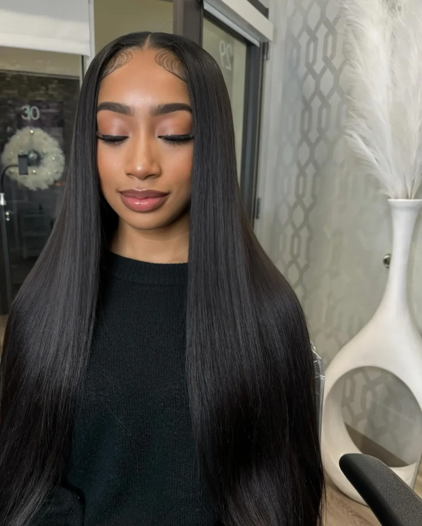Jet Black Silky Straight Hair with Laid Edges