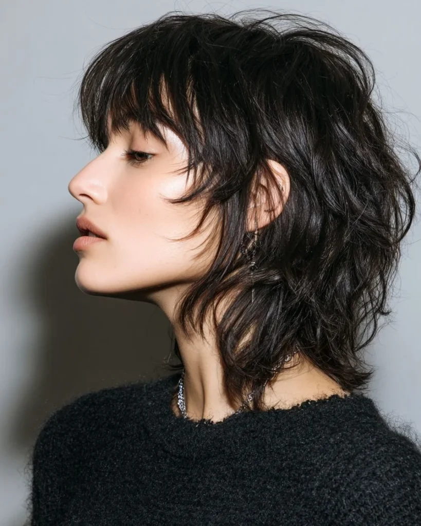 Jet Black Tousled Shag with Micro Bangs