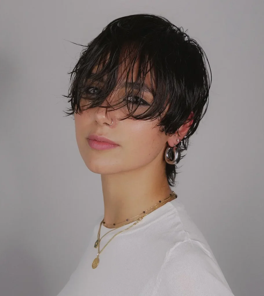 Jet Black Wet-Look Bixie with Wispy Curtain Fringe