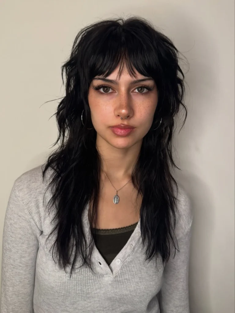Long Black Wavy Shag with Blunt Micro Bangs