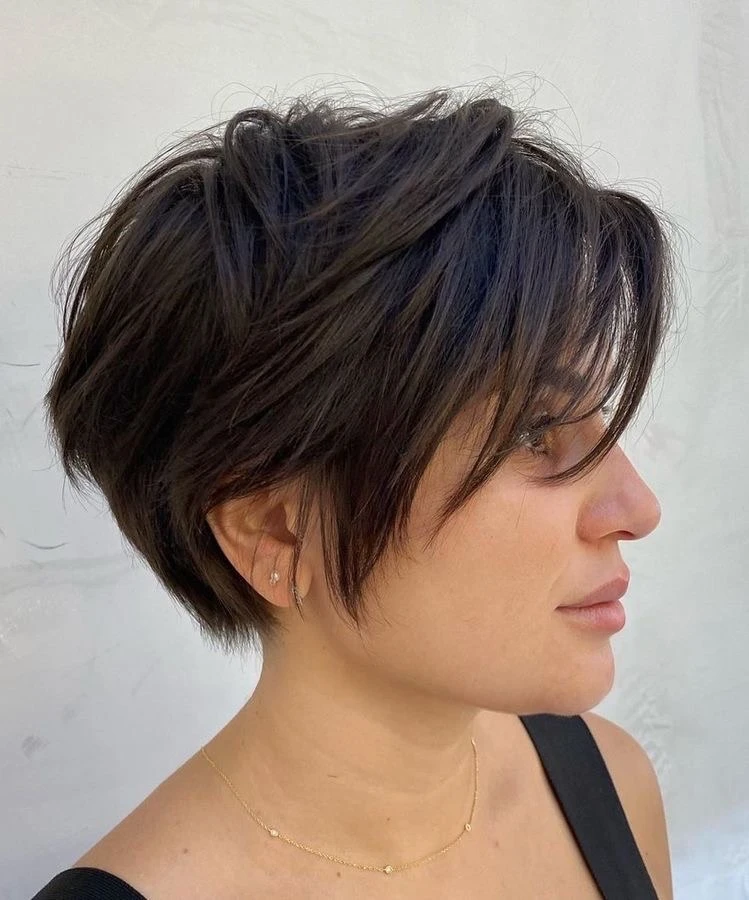 Messy Dark Pixie Bob with Long Curtain Fringe