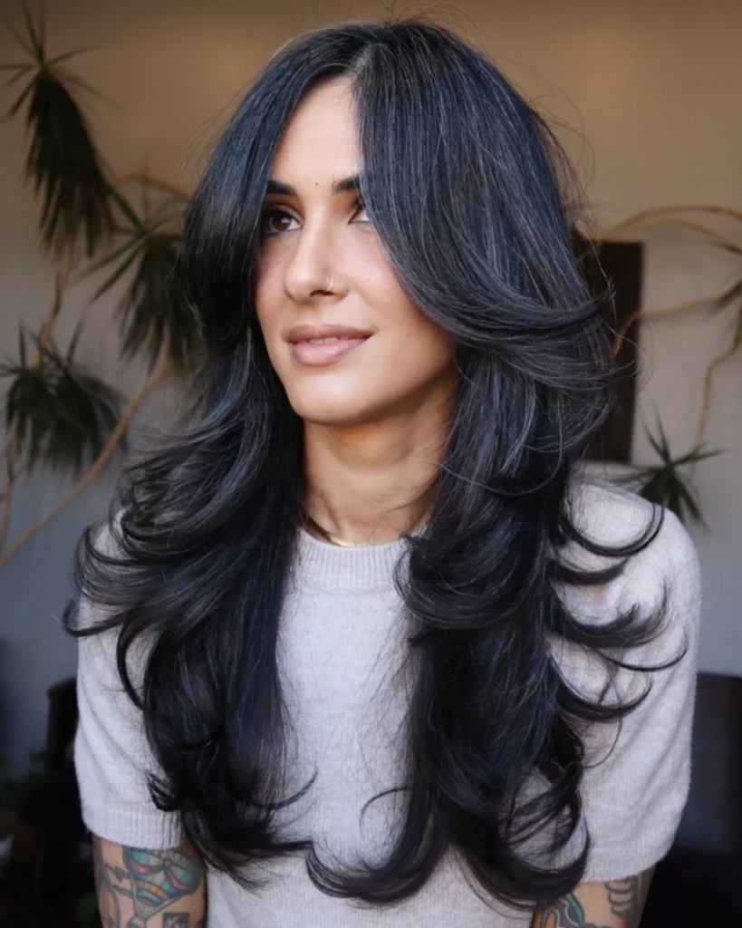 Midnight Blue Black Layers with Dramatic Curled Flips