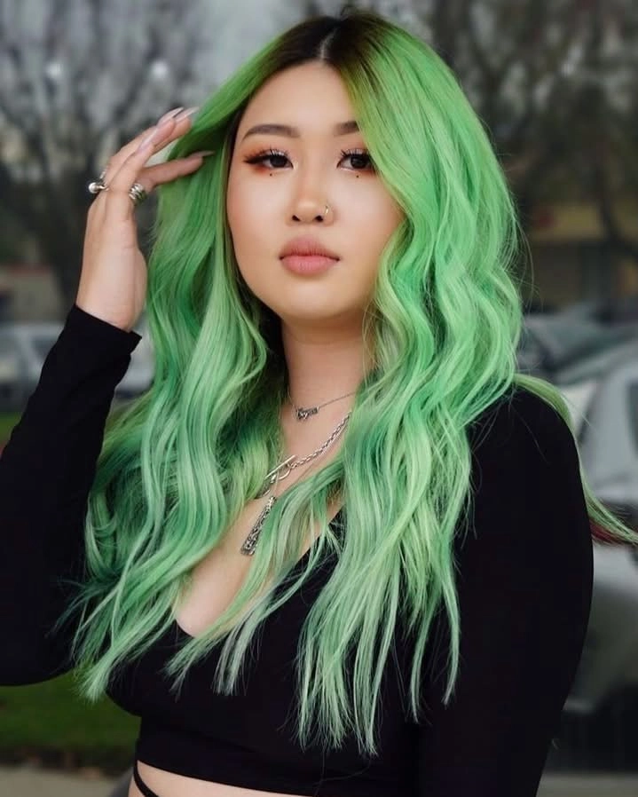  Neon Green Long Layers with Dark Root Shadow