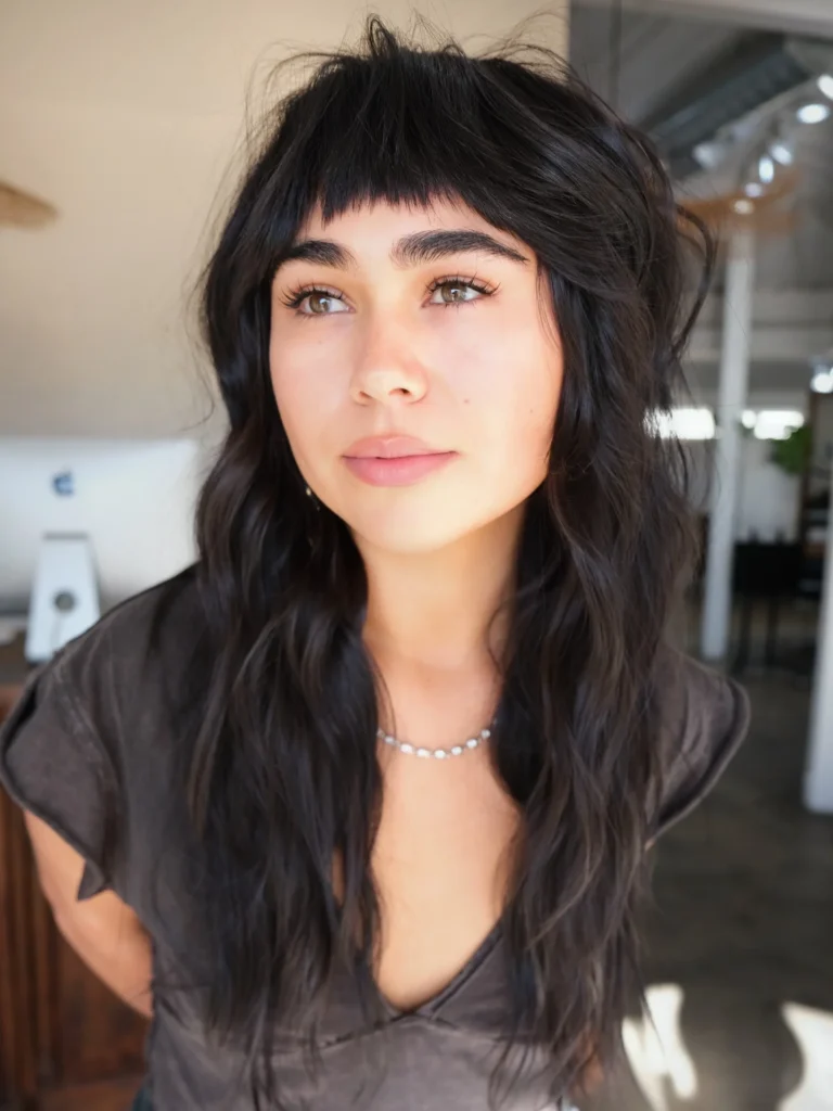 Off-Black Wavy Shag with Short Straight Fringe