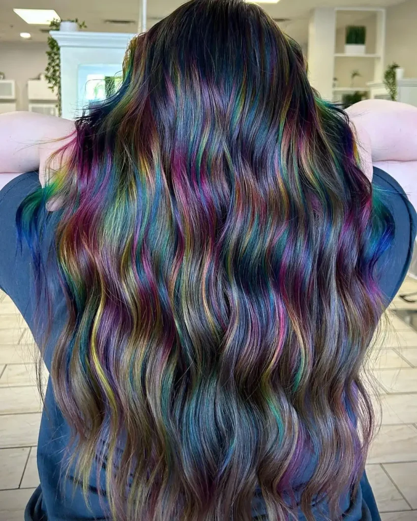 Oil Slick Rainbow Color Melt on Long Wavy Hair