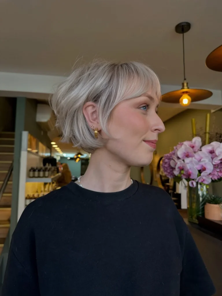 Pearl Blonde Bixie with Soft Layers and Wispy Fringe