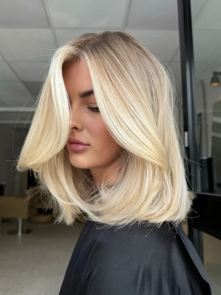 Platinum Blonde Blow-Out Bob with Deep Side Part