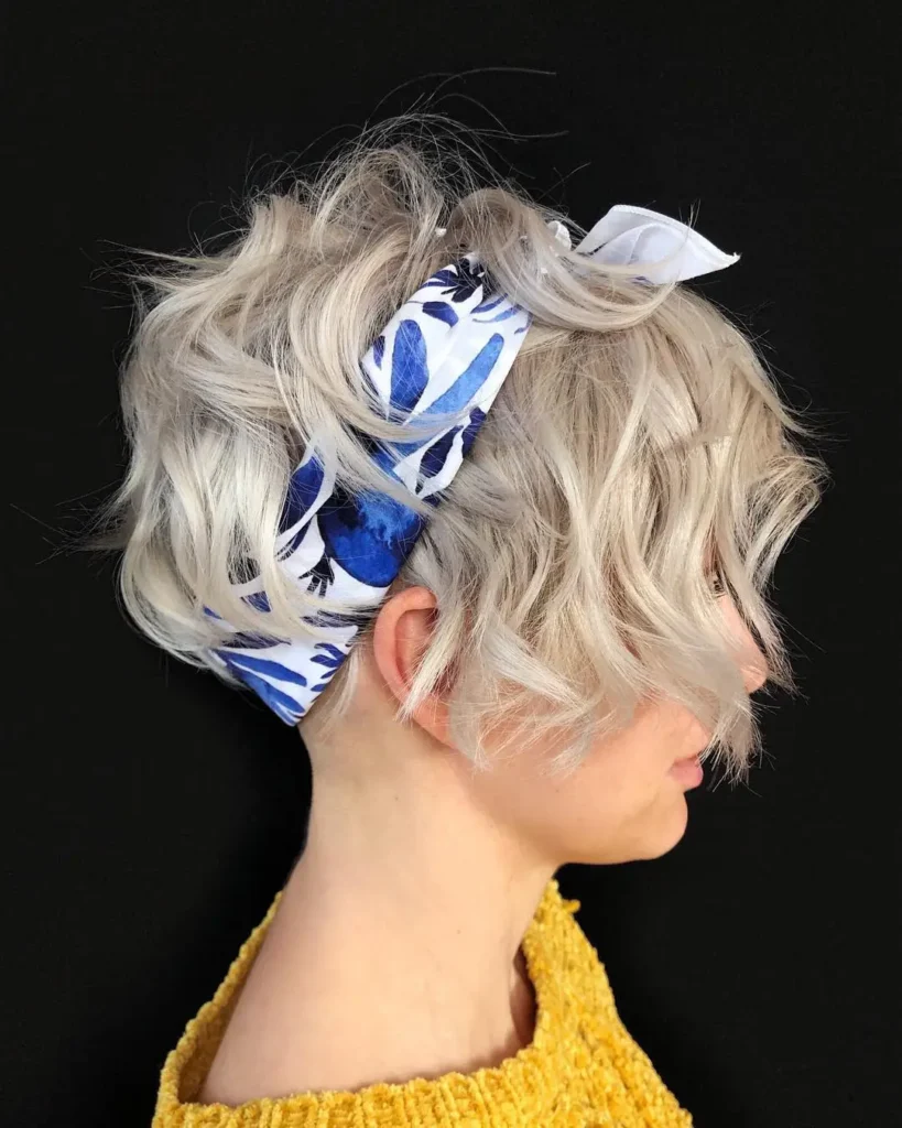 Platinum Blonde Wavy Pixie Styled with a Printed Head Scarf