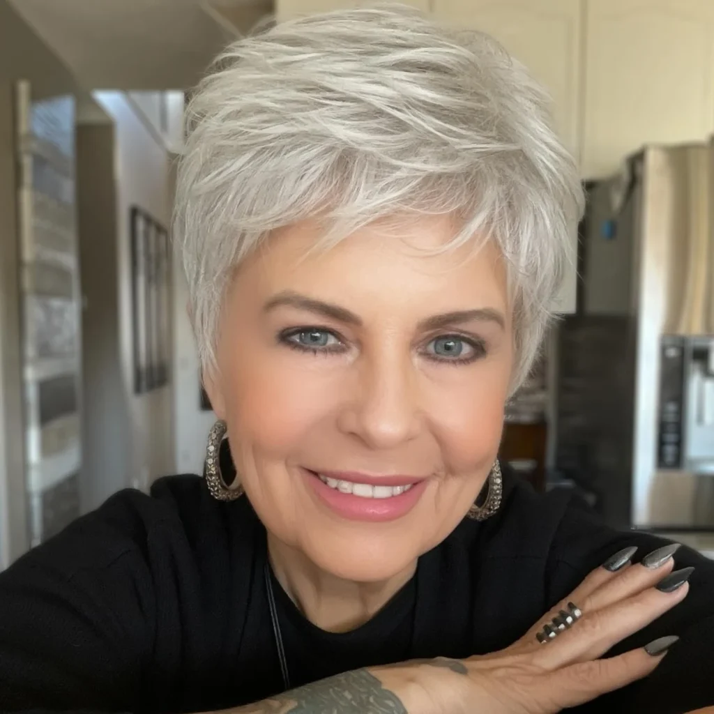 Platinum Silver Feathered Pixie with Side Swept Top