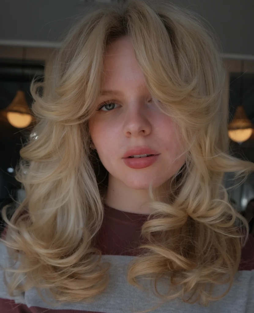 Retro Voluminous Blonde Layers with Curtain Bangs