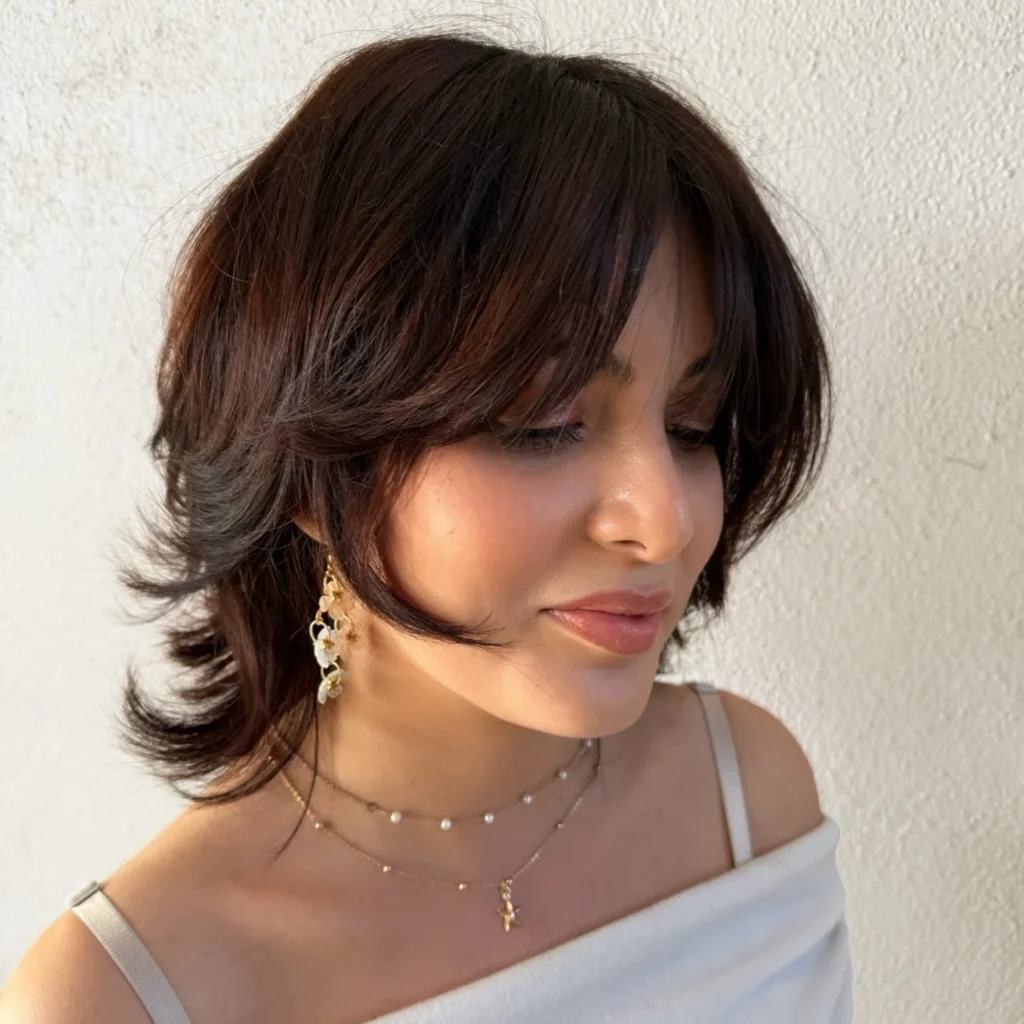 Rich Brunette Shaggy Bixie with Flicked Layers and Wispy Fringe