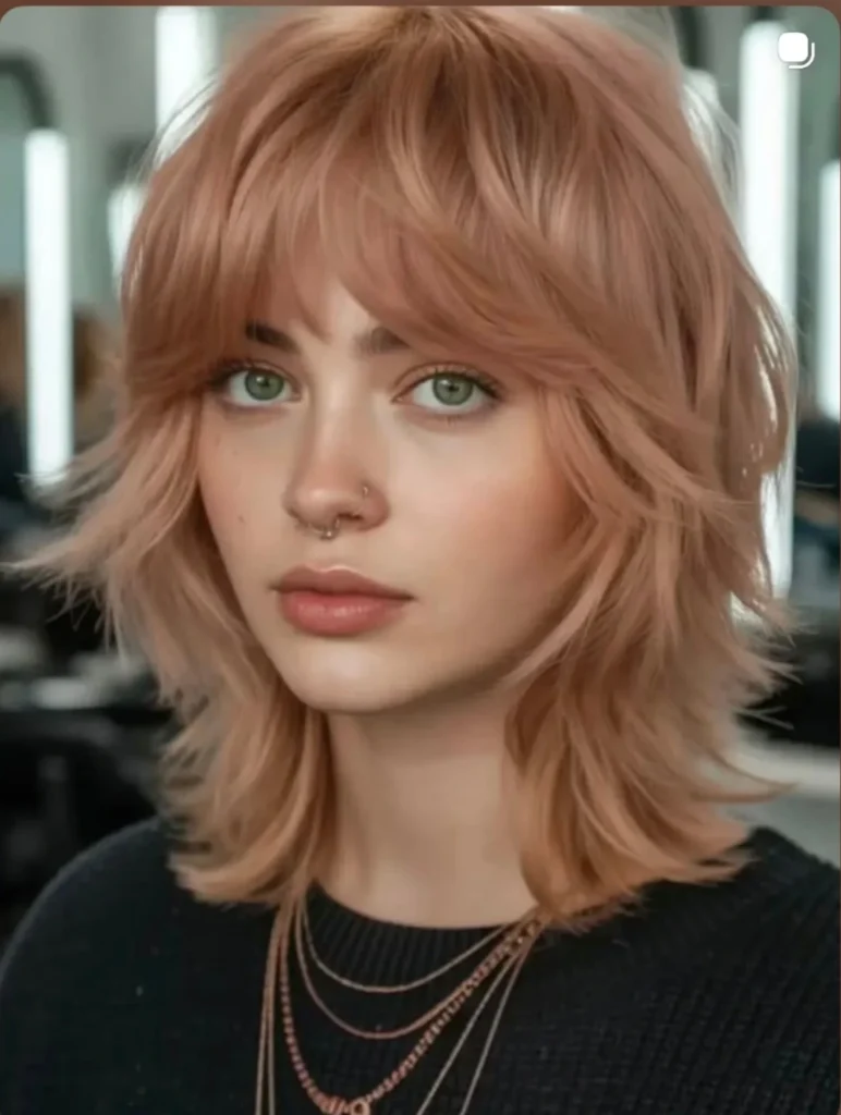 Rose Gold Layered Shag with Soft Curtain Bangs