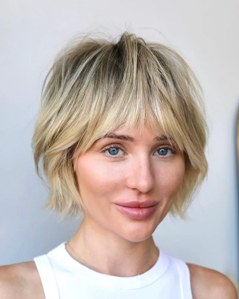 Sandy Blonde Choppy Bixie with Wispy Fringe