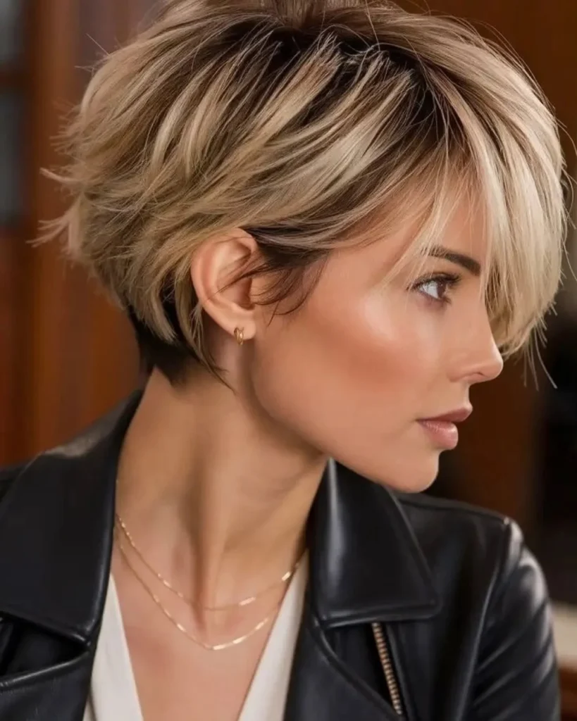 Sandy Blonde Layered Pixie Bob with Diagonal Bang