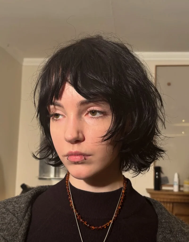 Short Black Shag Bob with Textured Crown and Wispy Fringe