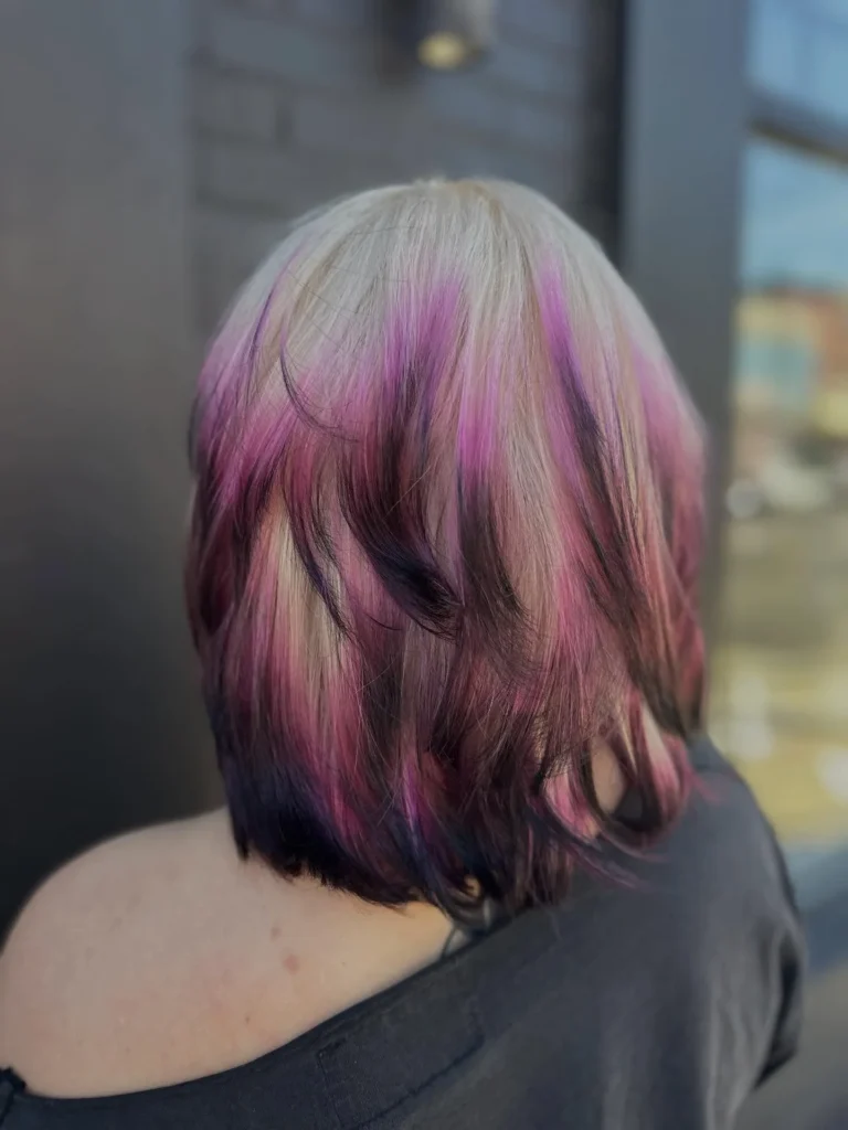 Short Bob with Platinum Root and Multi Toned Purple Underlights