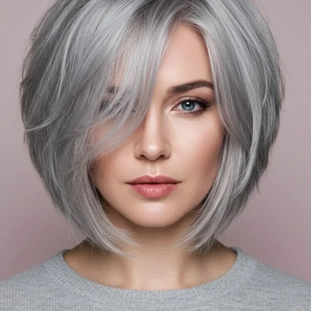 Silver Gray Layered Bob with Side Swept Fringe