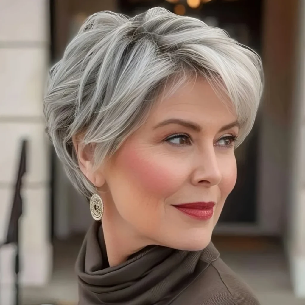 Silver Wavy Pixie with Swept Side Bang for Mature Women