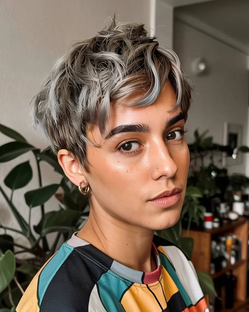 Silver and Brown Two-Tone Textured Pixie with Curly Fringe