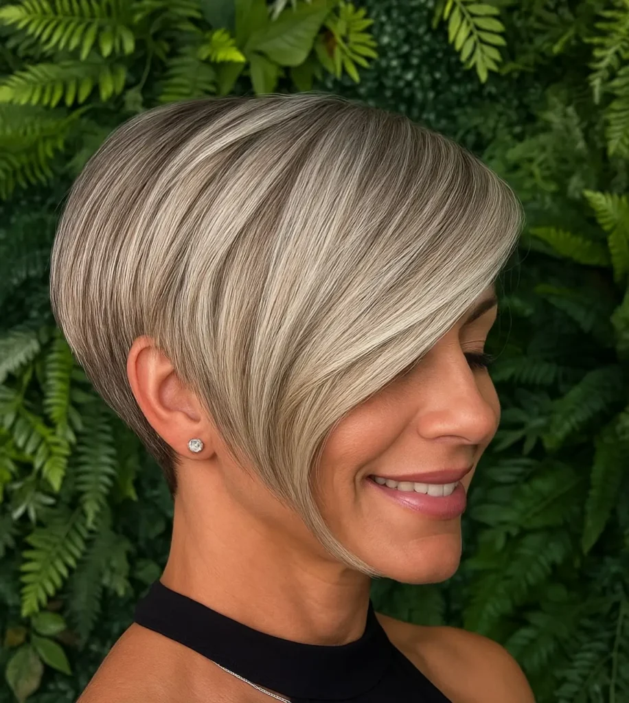 Sleek Ash Blonde Pixie Bob with Long Side Sweep