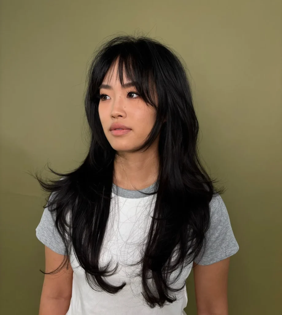 Sleek Black Long Shag with Wispy Curtain Bangs