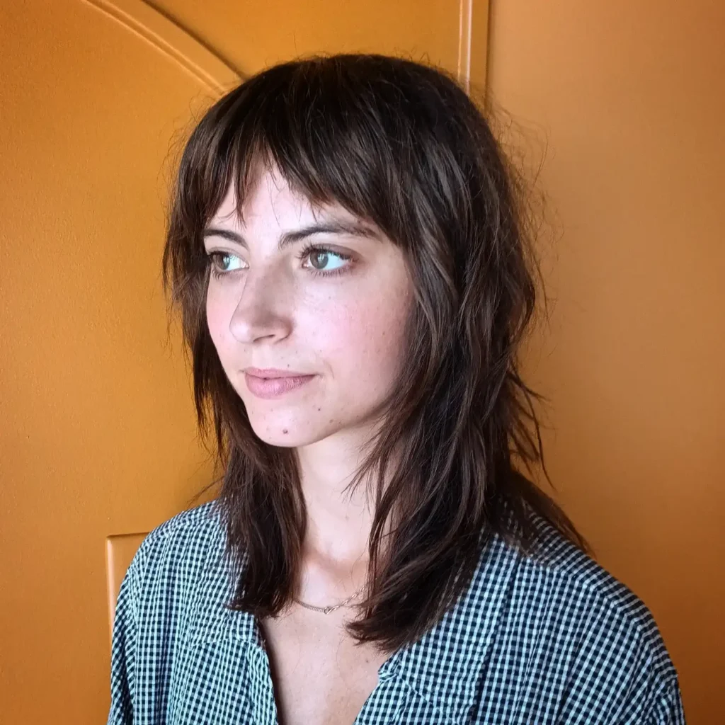 Sleek Dark Brown Medium Shag with Curtain Fringe