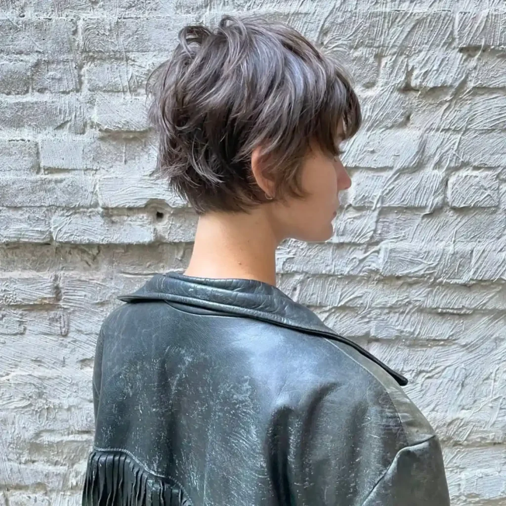 Smoky Lavender Gray Wavy Pixie with Tapered Nape