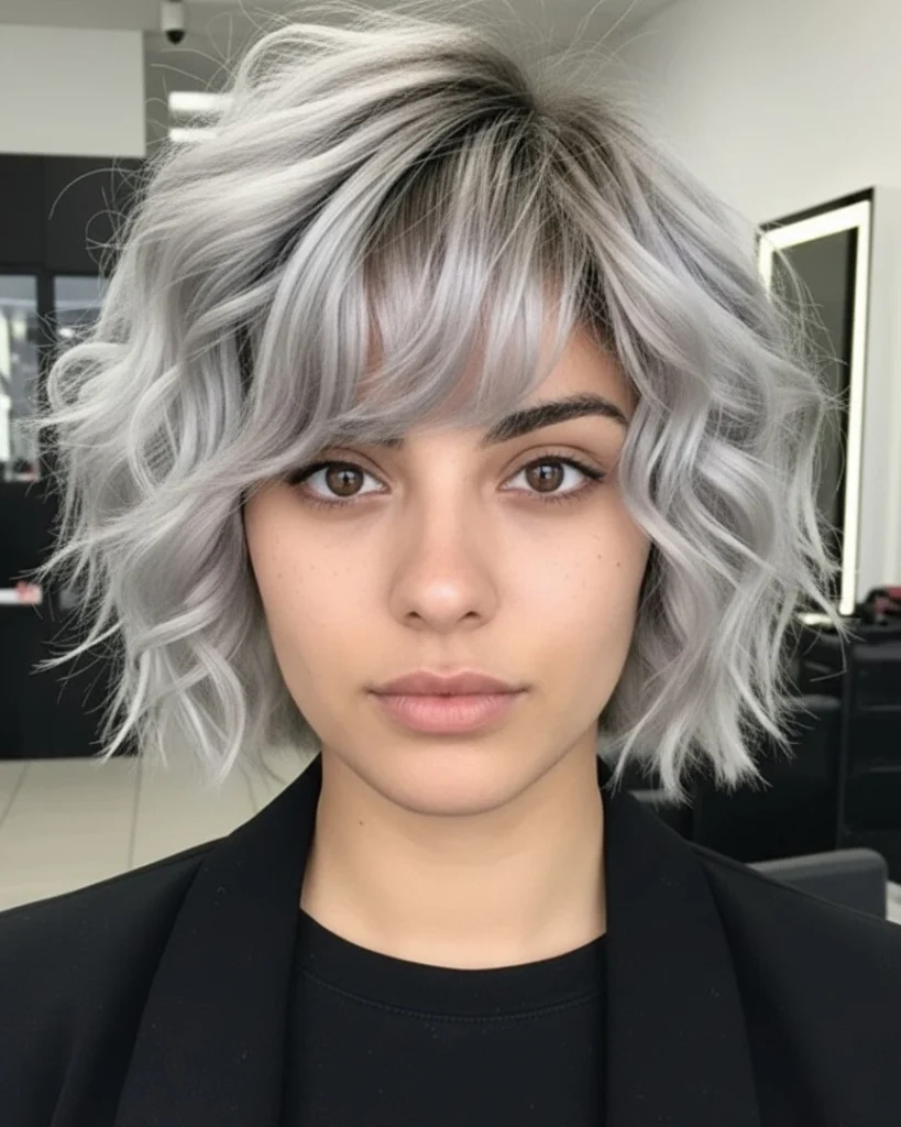 Steel Gray Curly Shag with Side-Swept Bangs