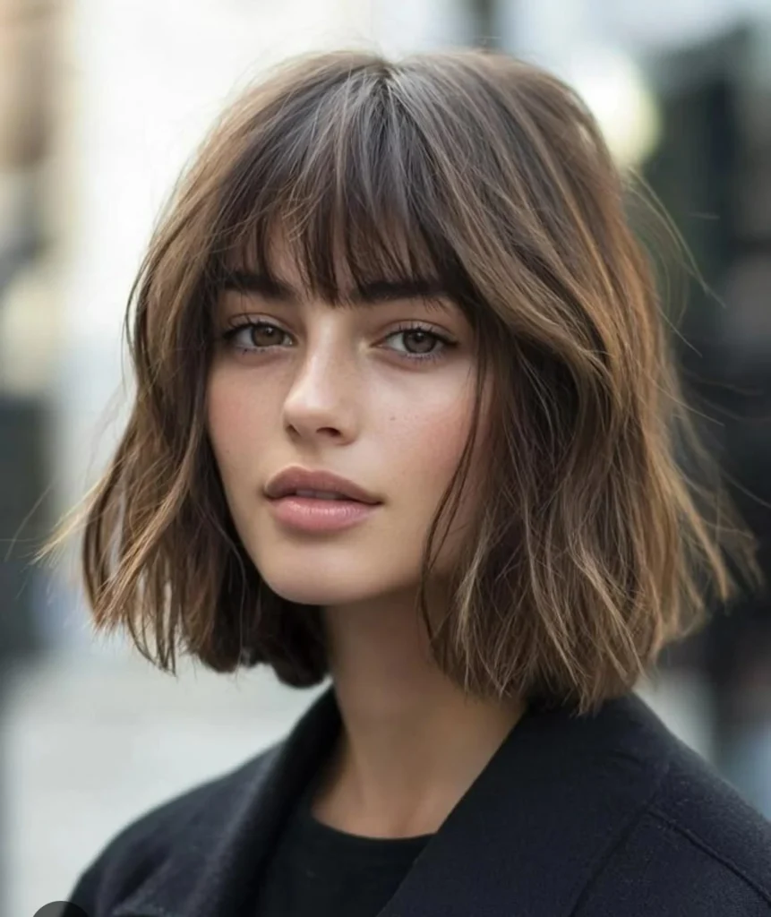 Textured Brunette Bob with Straight Fringe Bangs