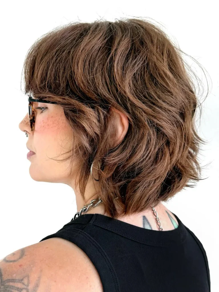 Textured Chestnut Shag Bob with Tousled Layers
