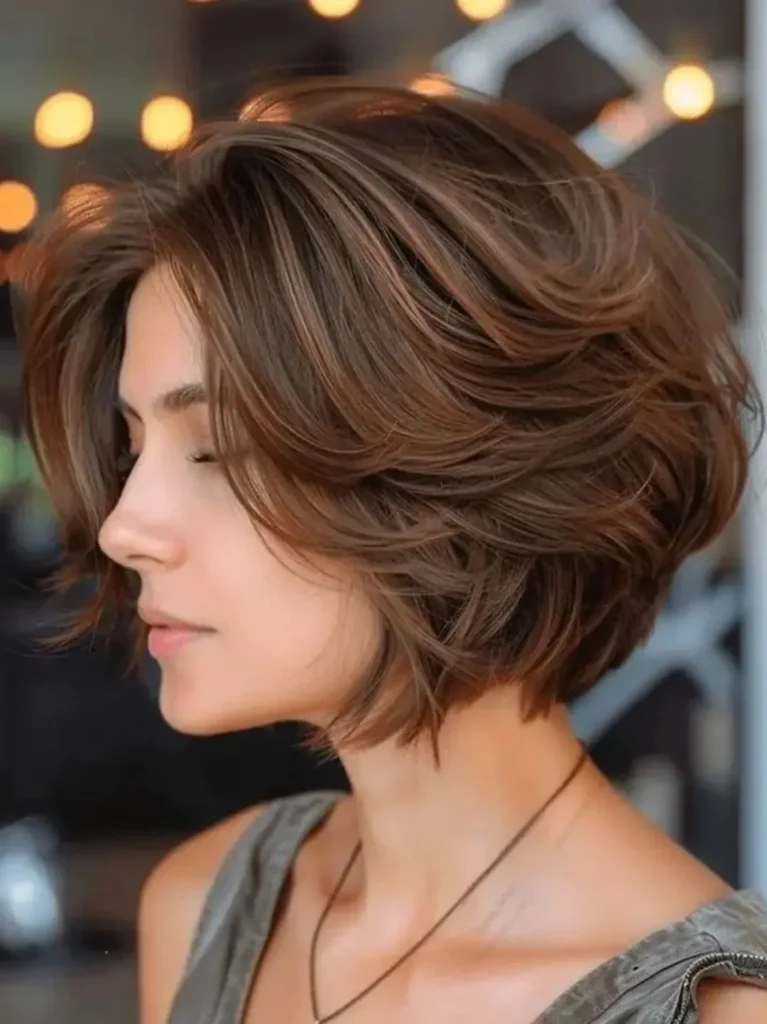 Textured Layered Bob with Warm Brown Highlights
