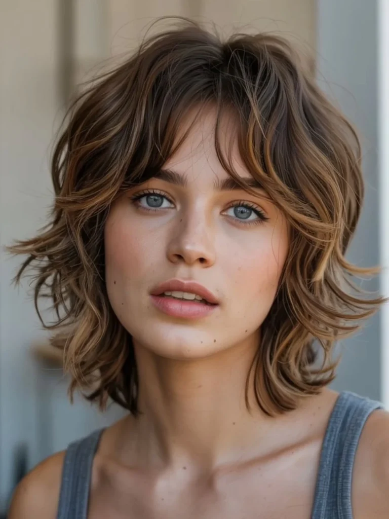 Toffee Highlighted Wavy Shag with Curtain Bangs