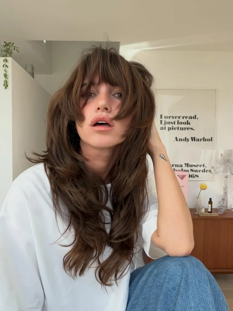 Tousled Brown Long Shag with Overgrown Curtain Fringe