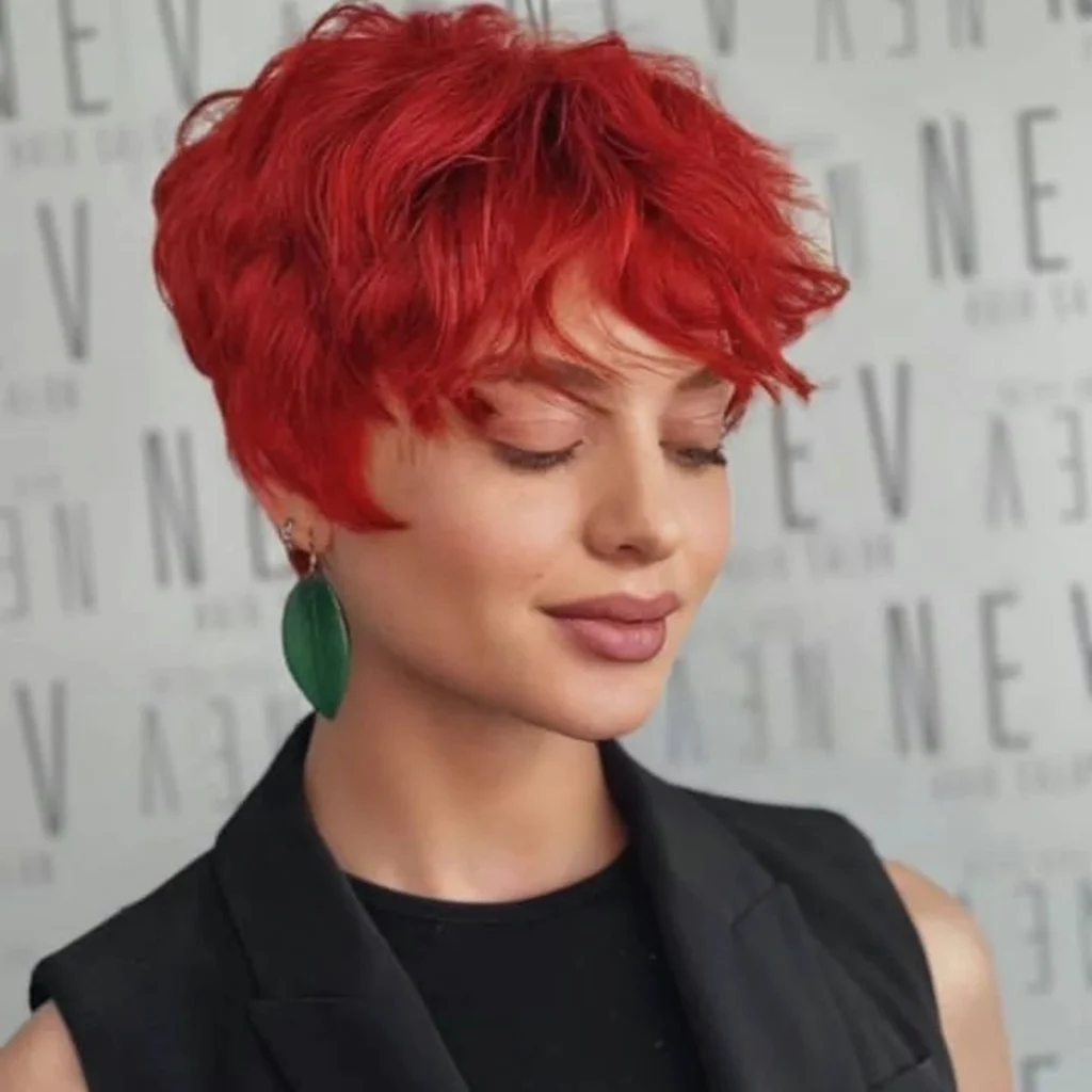 Vivid Red Wavy Pixie with Tousled Fringe