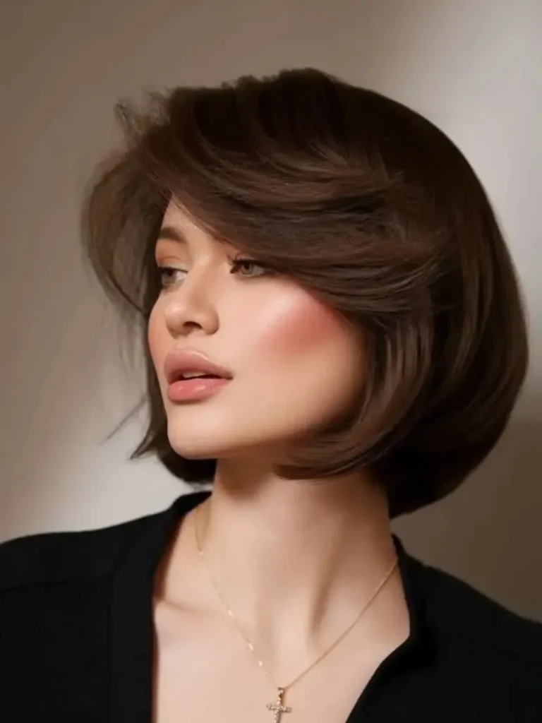 Voluminous Brown Bob with Sweeping Side Bangs