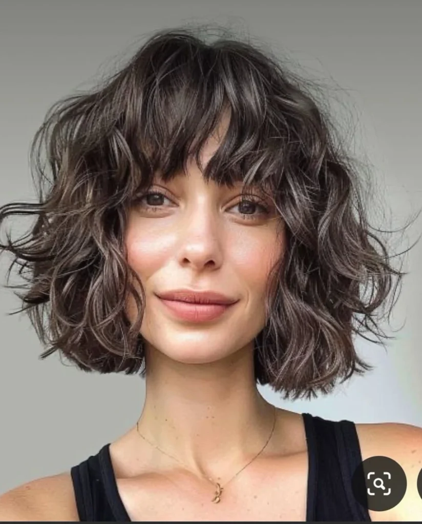 Voluminous Curly Bob with Wispy Curtain Bangs