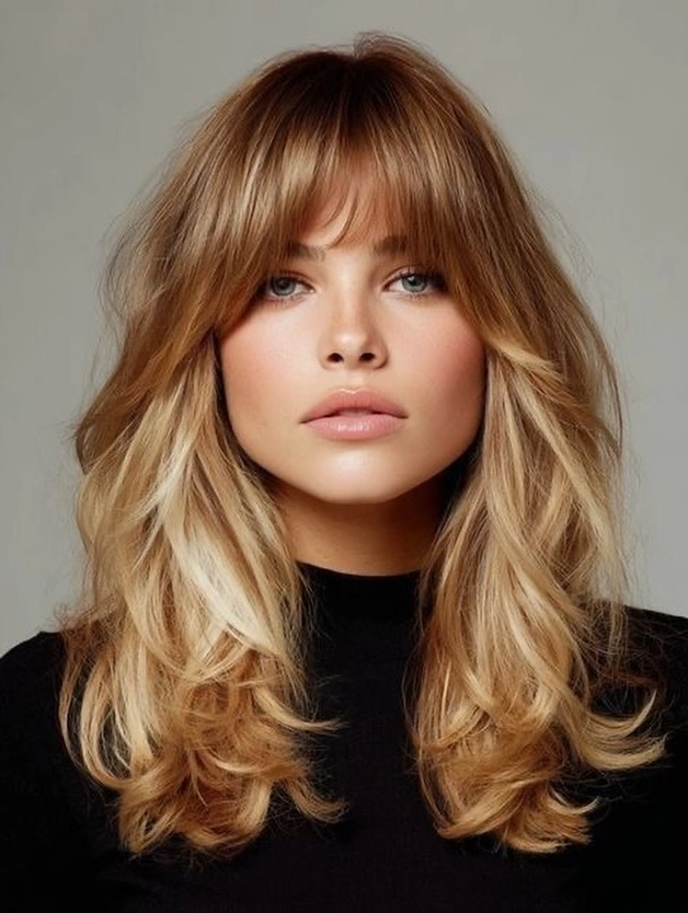 Warm Blonde Ombre Shag with Full Fringe