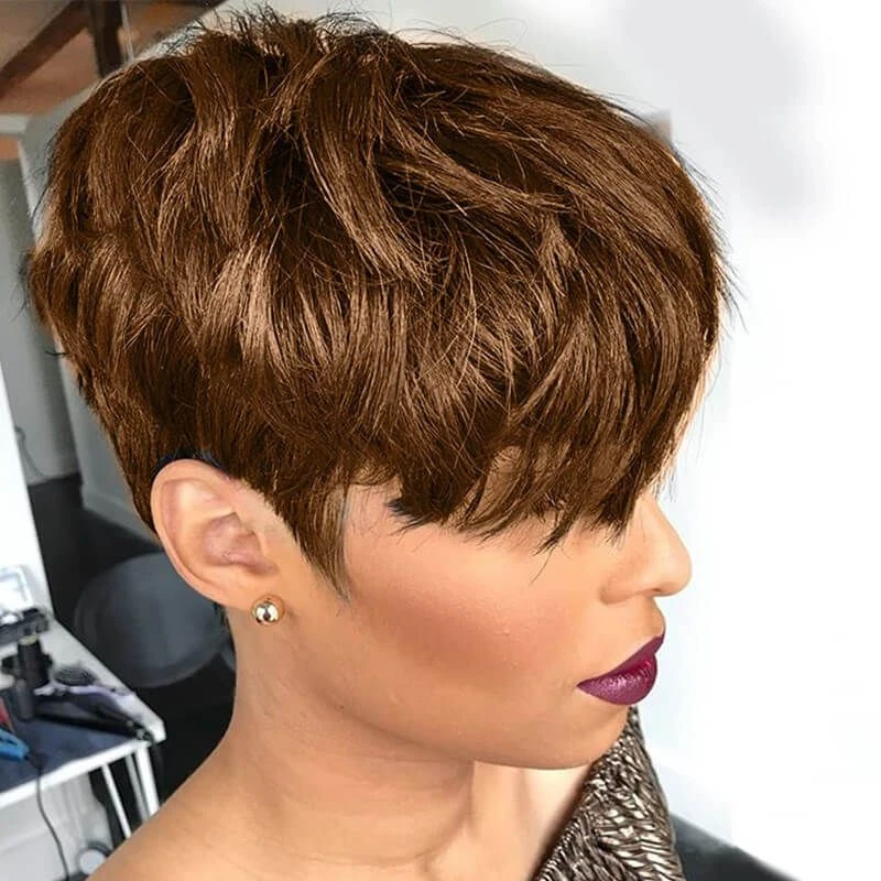Warm Brown Textured Pixie with Feathered Front Pieces