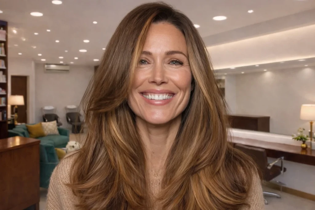 Warm Brunette Long Layers with Golden Highlights