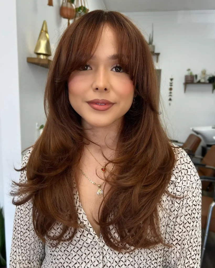Warm Chestnut Brown Layered Cut with Wispy Bangs