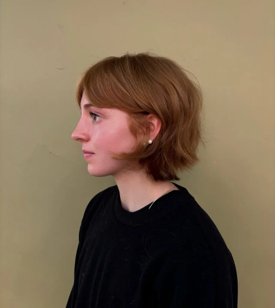 Warm Ginger Bixie with Blunt Fringe and Soft Layers